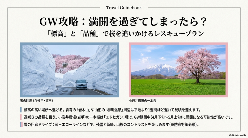 高い雪の壁に囲まれた道を走る車（雪の回廊）と、残雪の岩手山を背景に緑の牧草地に咲く小岩井農場の一本桜。