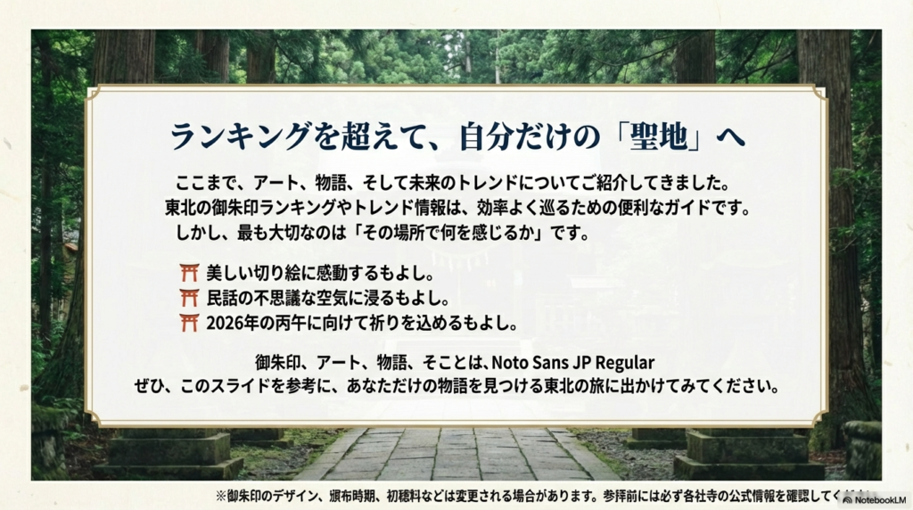 「ランキングを超えて、自分だけの聖地へ」というメッセージとともに、これまでのテーマ（アート・物語・未来）を総括し、公式情報の確認を促す締めのスライド。