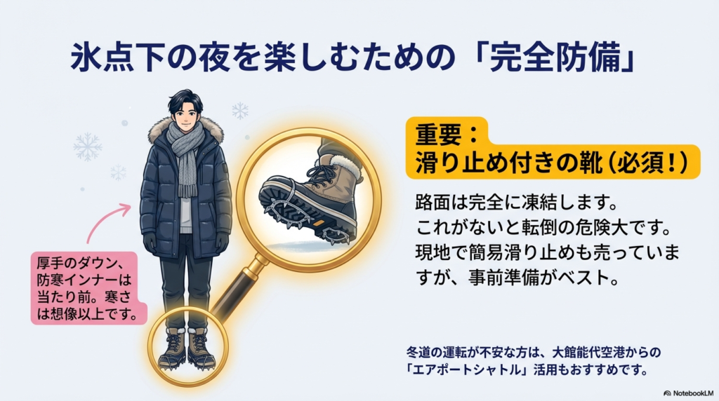 滑り止め付きの靴の重要性と、防寒着、大館能代空港からのエアポートシャトル活用を案内するスライド。