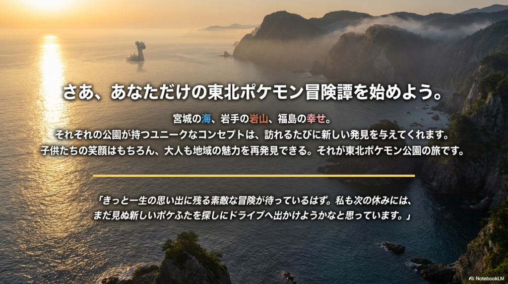 「さあ、あなただけの東北ポケモン冒険譚を始めよう。」というメッセージ。各公園のユニークなコンセプトが、子供の笑顔と大人の再発見に繋がることを伝えている。