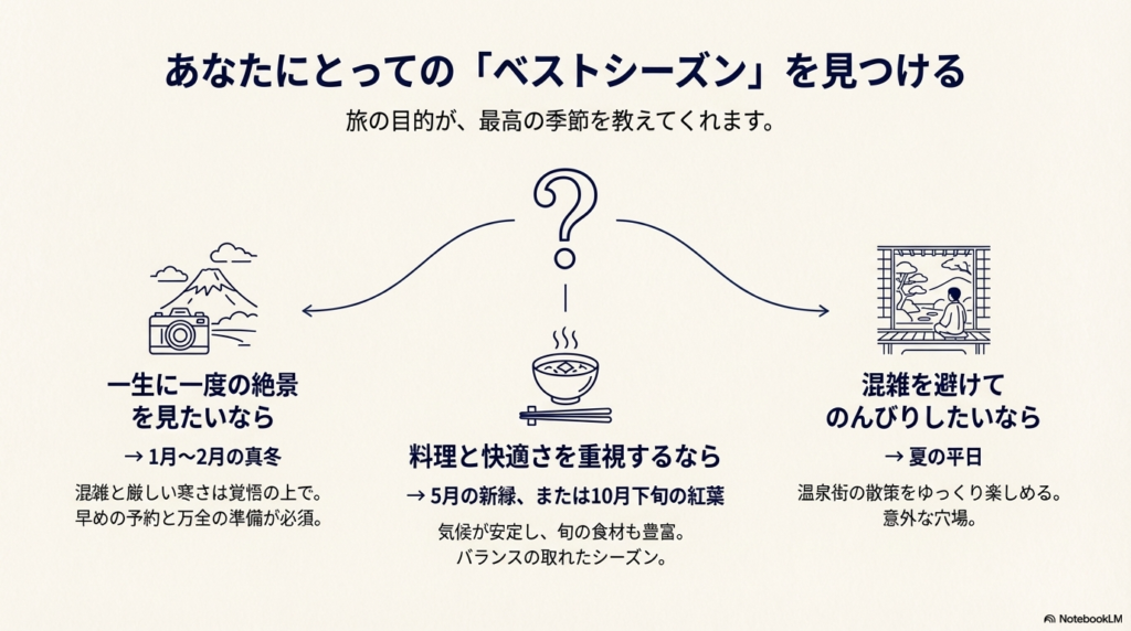 春の山菜とデトックス旅、夏の散策と夕涼み、秋の紅葉と美食旅について、それぞれのテーマと見どころを比較した表形式のスライド。