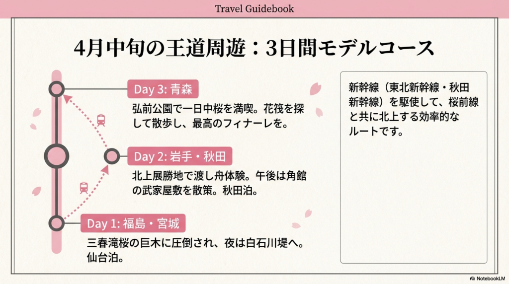 福島・宮城から岩手・秋田を経て青森へと至る、新幹線を活用した効率的な3日間の旅行スケジュールのまとめ。