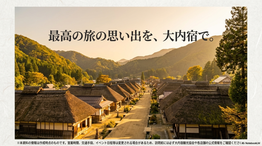「最高の旅の思い出を、大内宿で。」というメッセージが添えられた、大内宿の美しい街並みの全景写真