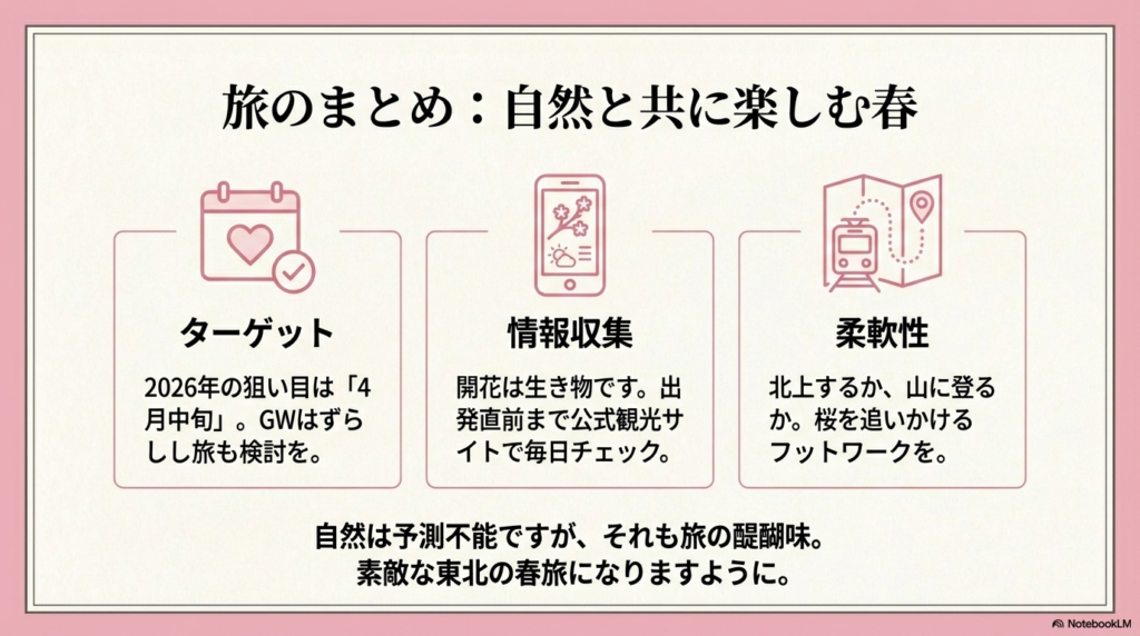 4月中旬をターゲットにすること、公式情報のこまめなチェック、柔軟なフットワークという旅のポイントのまとめ。