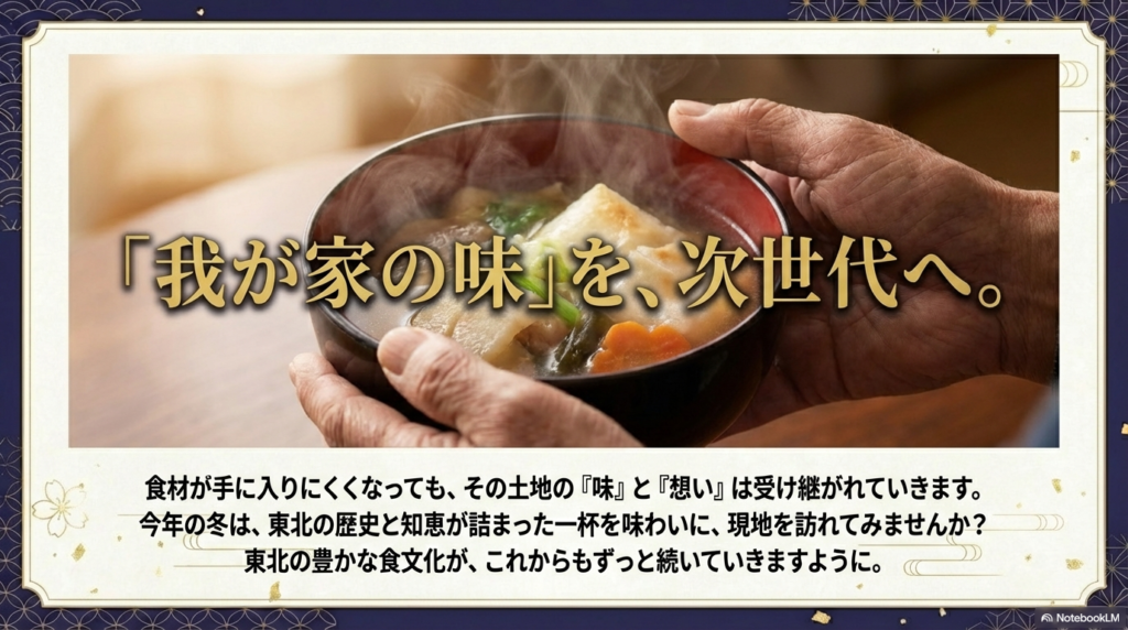家族でお雑煮を囲むイラストと共に、土地の味と想いを次世代へ受け継いでいこうというメッセージが添えられた結びのスライド。