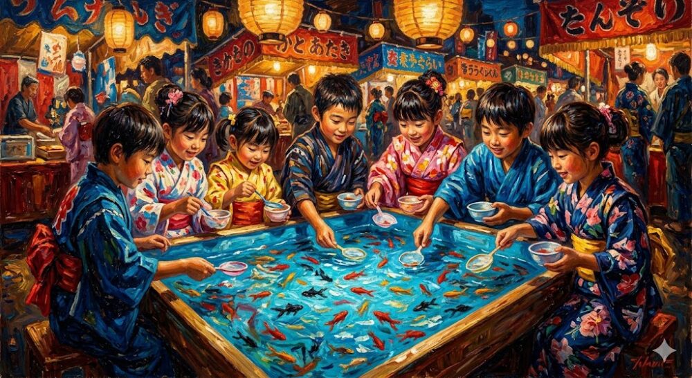 子供たちが楽しむ金魚すくいやヨーヨー釣りの縁日風景