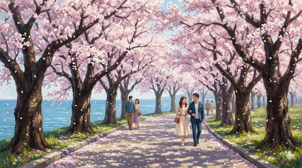合浦公園の海沿い並ぶ満開の桜並木と、楽しそうに歩く人々