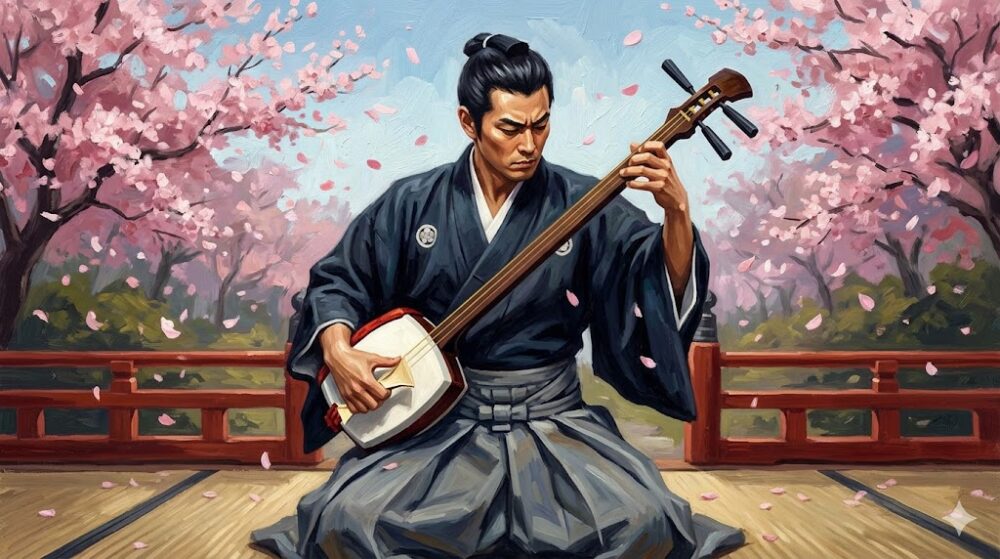 伝統的な衣装を纏った奏者が、激しく力強く三弦楽器を弾く姿