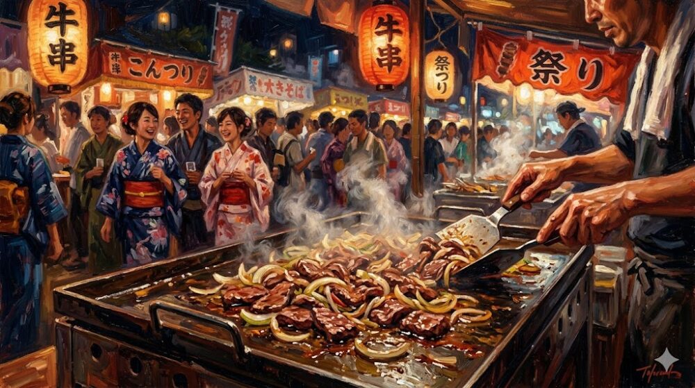 鉄板で焼かれる肉と玉ねぎの料理、活気あふれる屋台村の風景、楽しそうに食べる人々