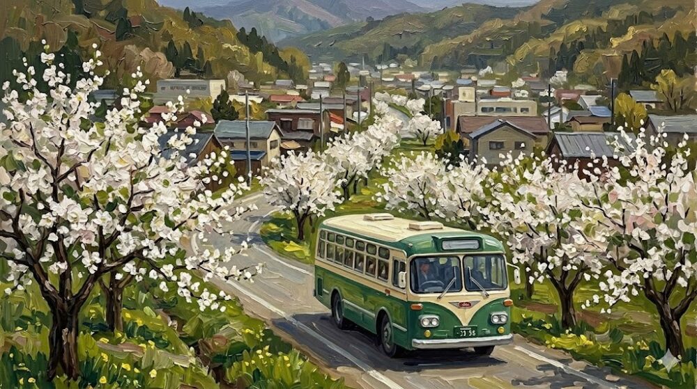 弘前市内を走るレトロなデザインの観光バスと並木道