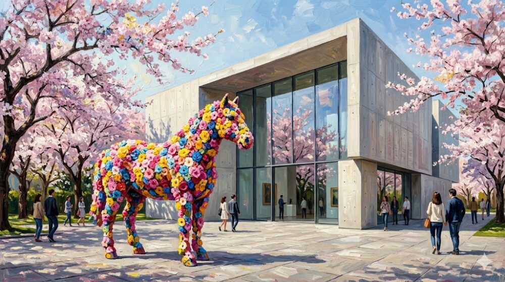 巨大な花の彫刻作品と満開の桜、その横にあるスタイリッシュな近代建築の美術館