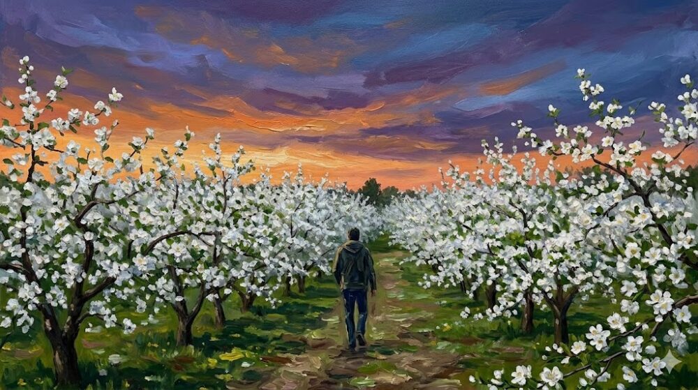 夕暮れ時、リンゴの花が咲く道を静かに歩く一人の旅人の後ろ姿