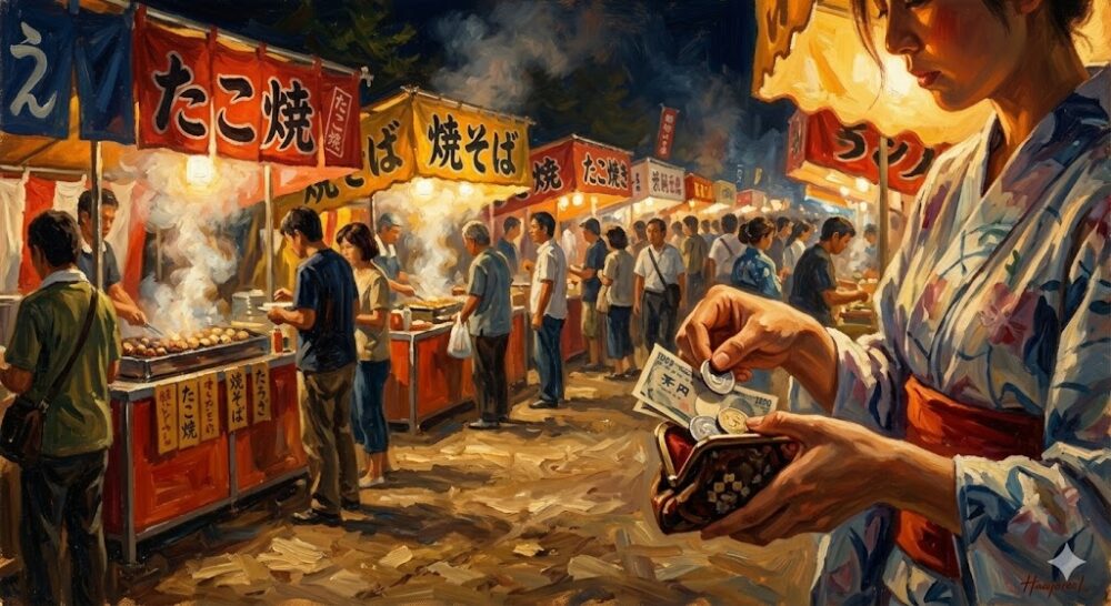 賑わう屋台と現金を用意する人のイラスト