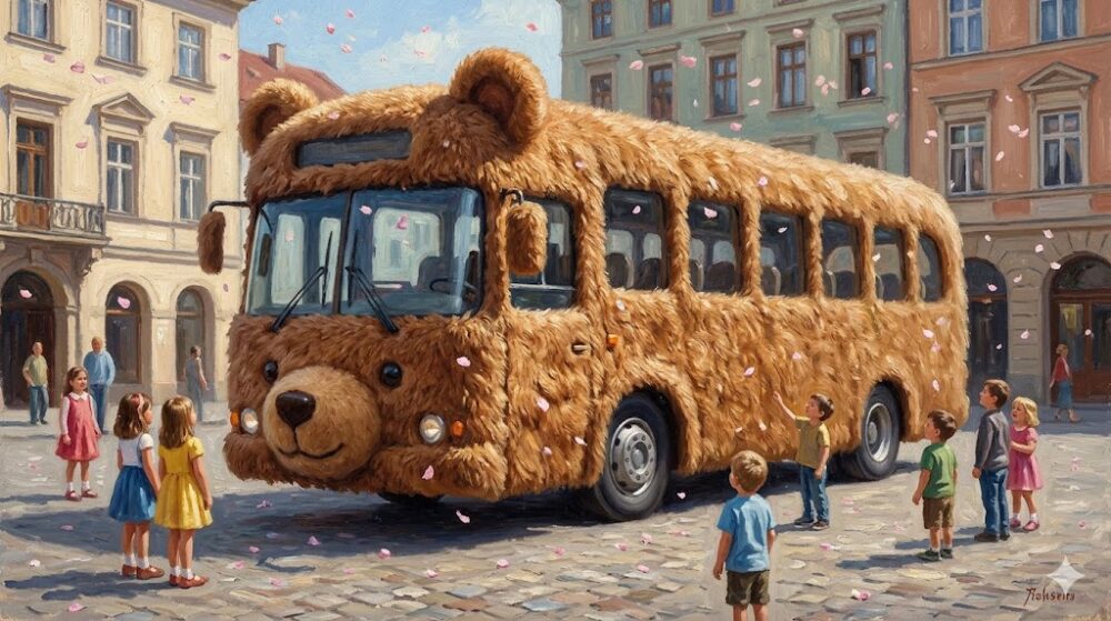 市役所前の広場に展示された、茶色くてふわふわした素材でできた可愛らしい大型バス