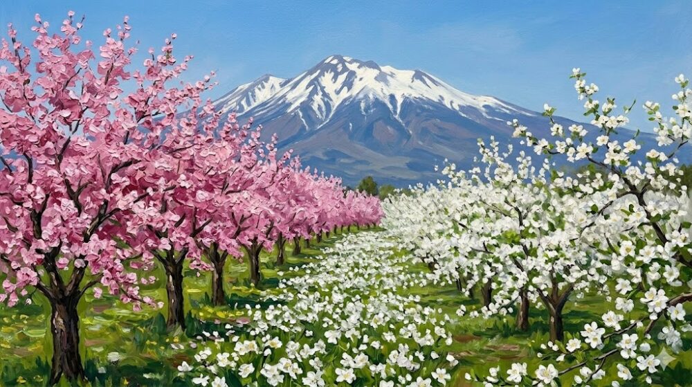 満開の桜並木の向こう側に、白いリンゴの花が咲く丘が見える春の風景