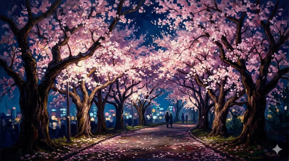 ライトアップされた夜桜の並木道、幻想的な光に包まれた街全体の遠景