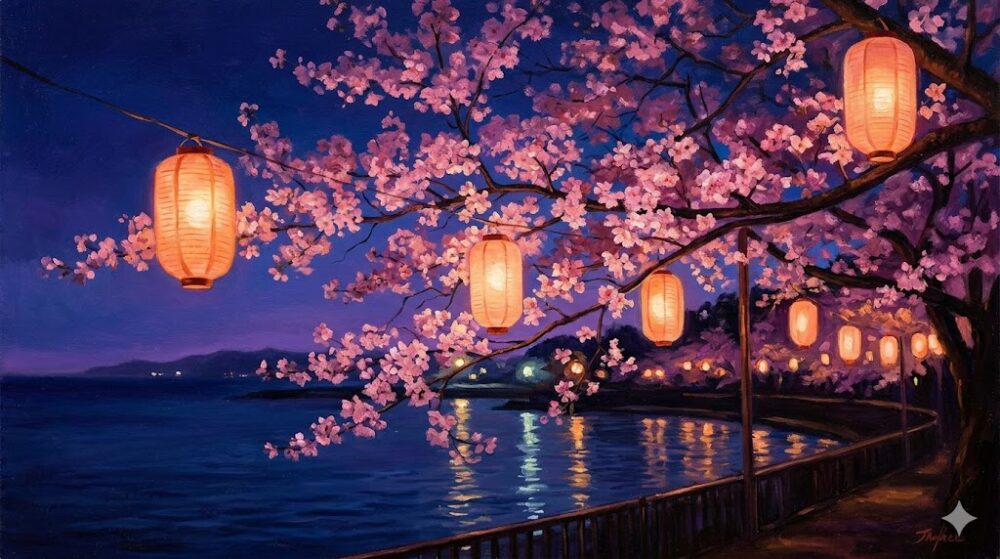 夜の合浦公園。ぼんぼりの柔らかな光に照らされた夜桜と、遠くに見える海