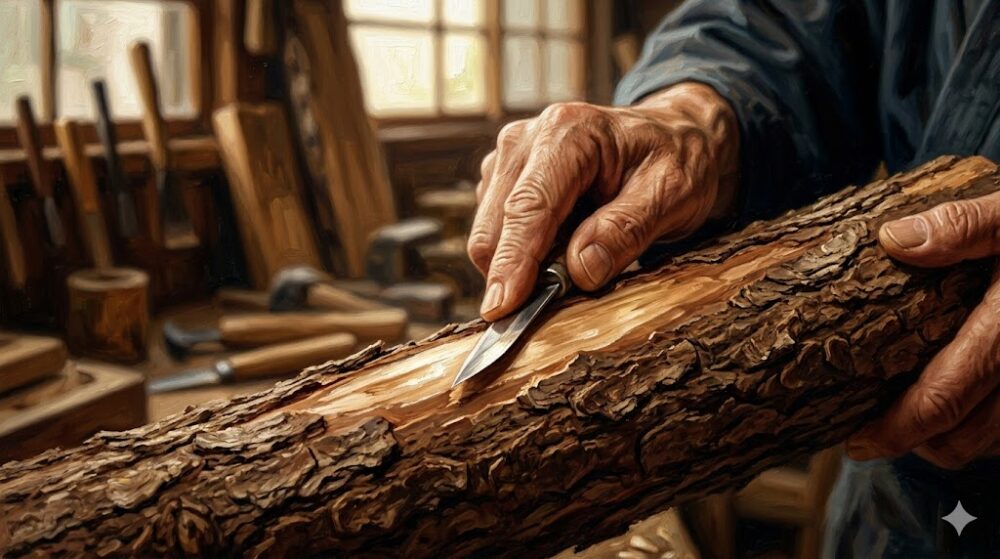 熟練の職人が、小さな道具を使って丁寧に木の皮を加工している手元のアップ