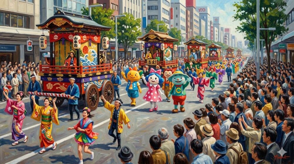 賑やかな市街地で行われるパレード。華やかな衣装のキャラクターとねぶたの共演