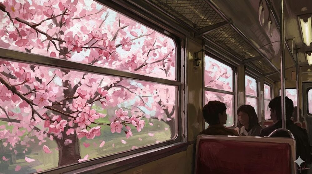 レトロな列車の車窓から見える、間近に迫る桜の花びらと乗客の笑顔