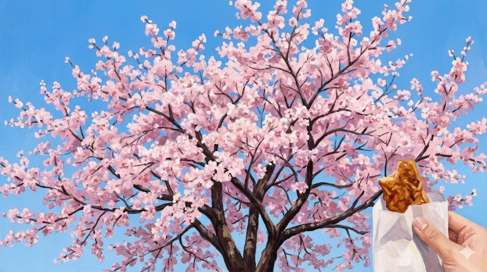 お祭りを楽しみ、満面の笑みで桜を見上げる一人称視点の風景