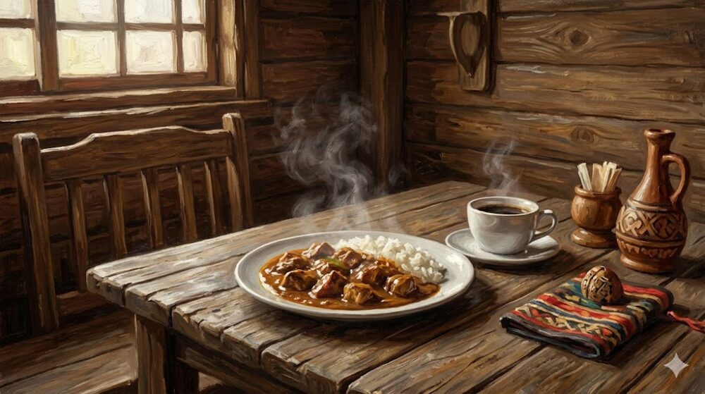 レトロな喫茶店の店内で、美味しそうな馬肉料理と温かいコーヒーが並ぶテーブル