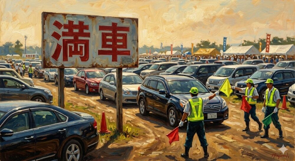 満車の駐車場と誘導員のイラスト