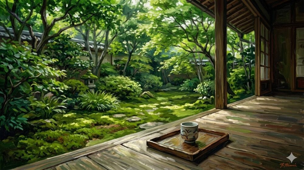春の光が差し込む静かな武家屋敷の庭園と、お茶を楽しむ穏やかなひととき