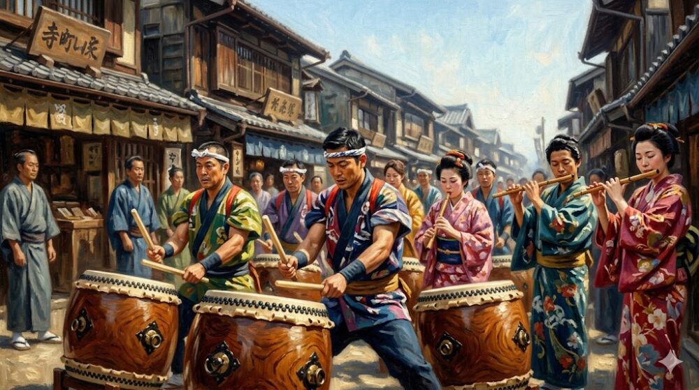 伝統的な衣装を身にまとい、太鼓や笛で賑やかに演奏する人々と、それを見守る観衆