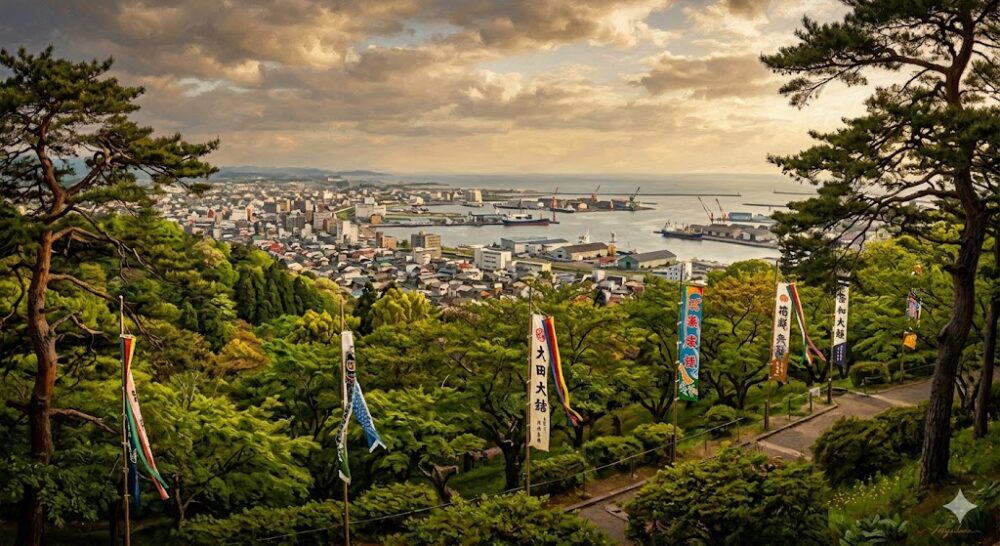 酒田祭りの本祭りで練り歩く巨大な獅子頭と山車の行列