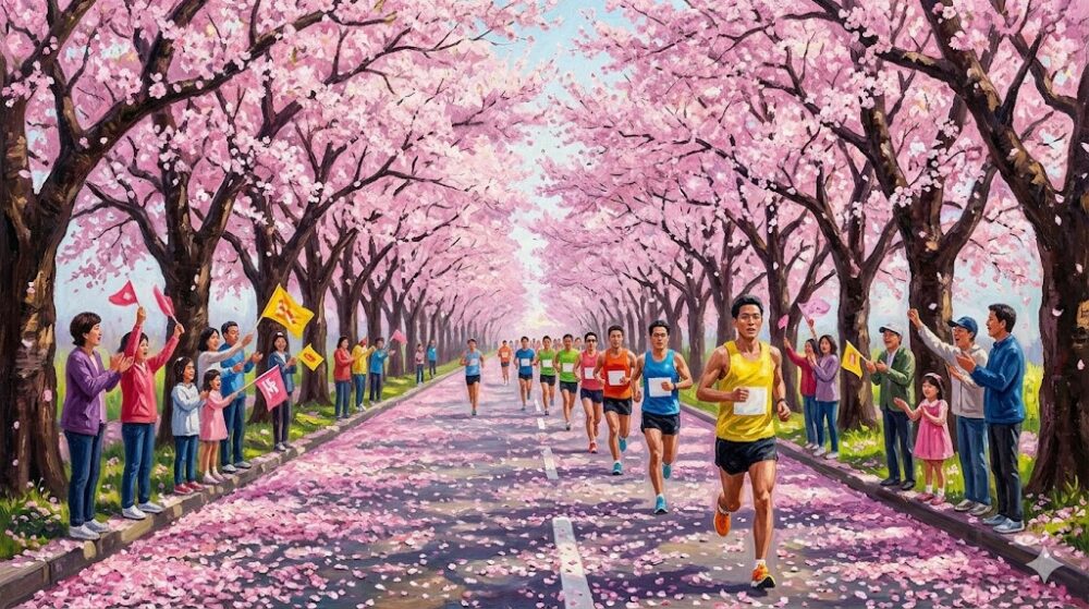 桜並木の下を走り抜けるマラソンランナーたちと、沿道で応援する人々