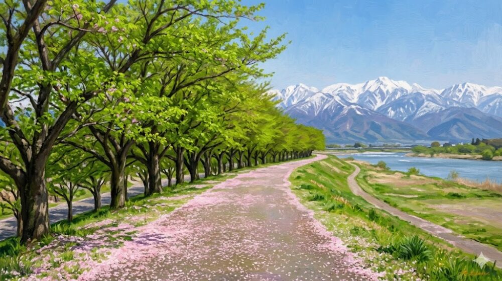 穏やかに流れる川の堤防沿いに続く、新緑の並木道。遠くには残雪の山々が見える風景