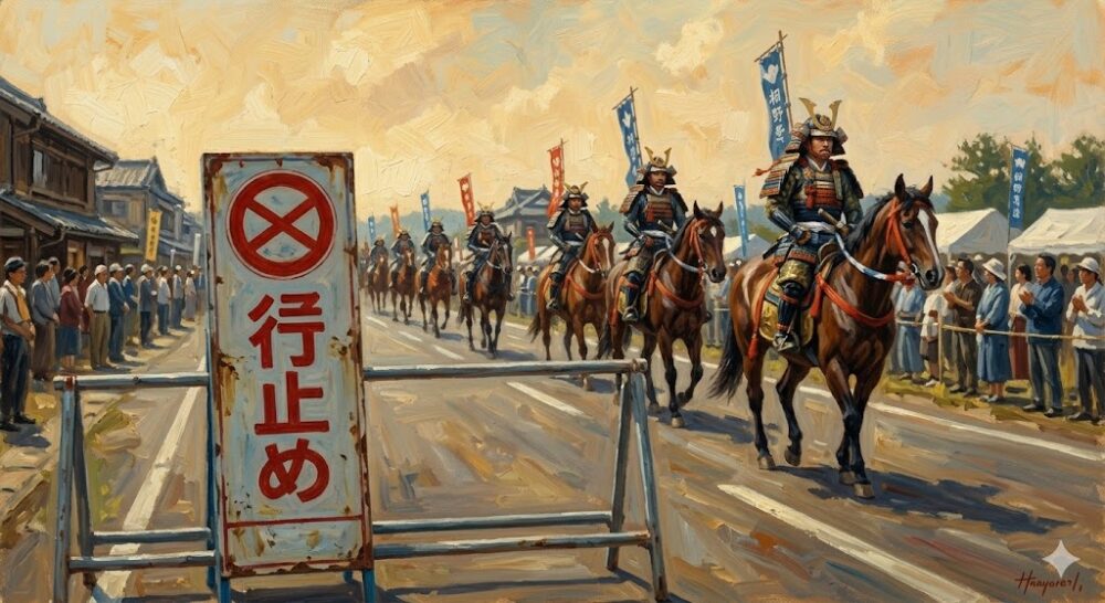 交通規制の標識と馬行列のイラスト