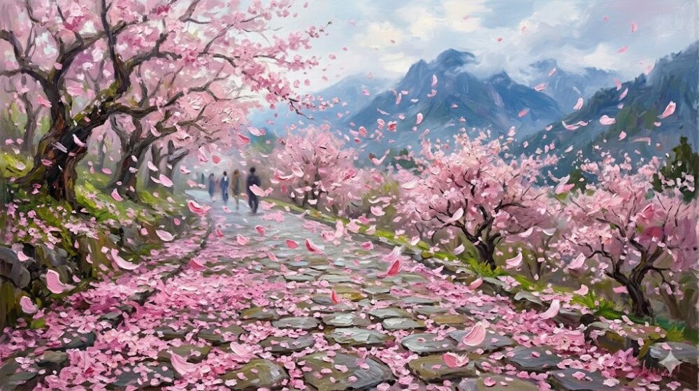 風に舞う桜の花びらと、ピンクに染まった石畳の道、遠くに見える山々