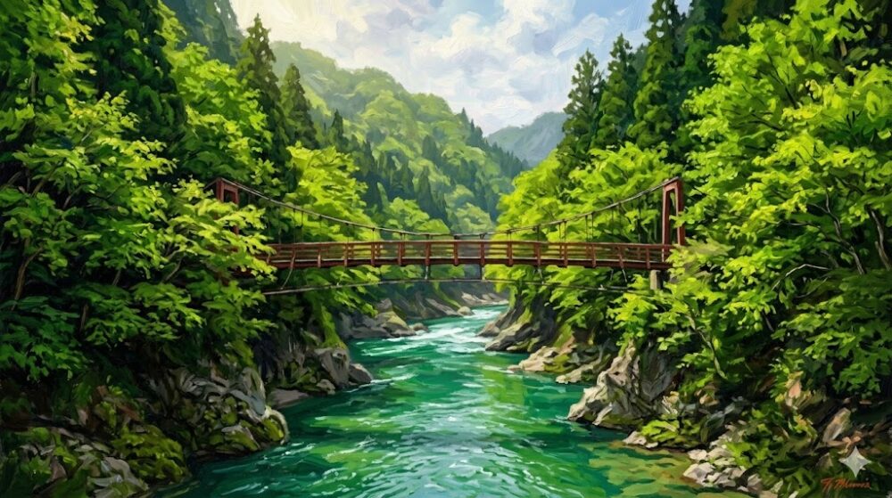 深い緑の木々に囲まれた、透き通った青い川と赤い吊り橋が美しい渓谷の風景