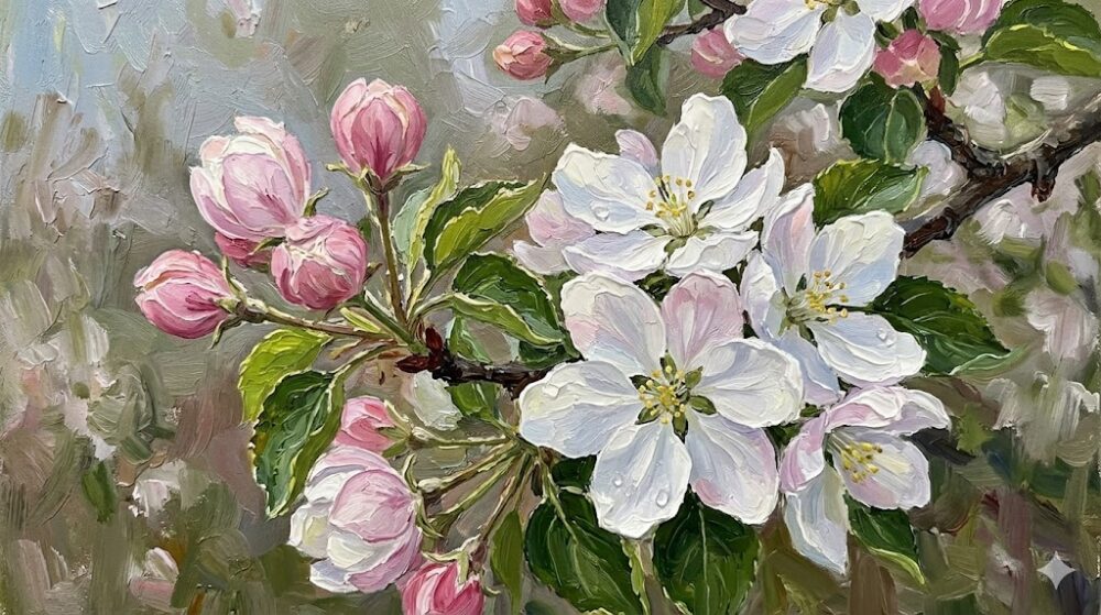 ピンクの蕾と白い花が混ざり合うリンゴの枝のアップ