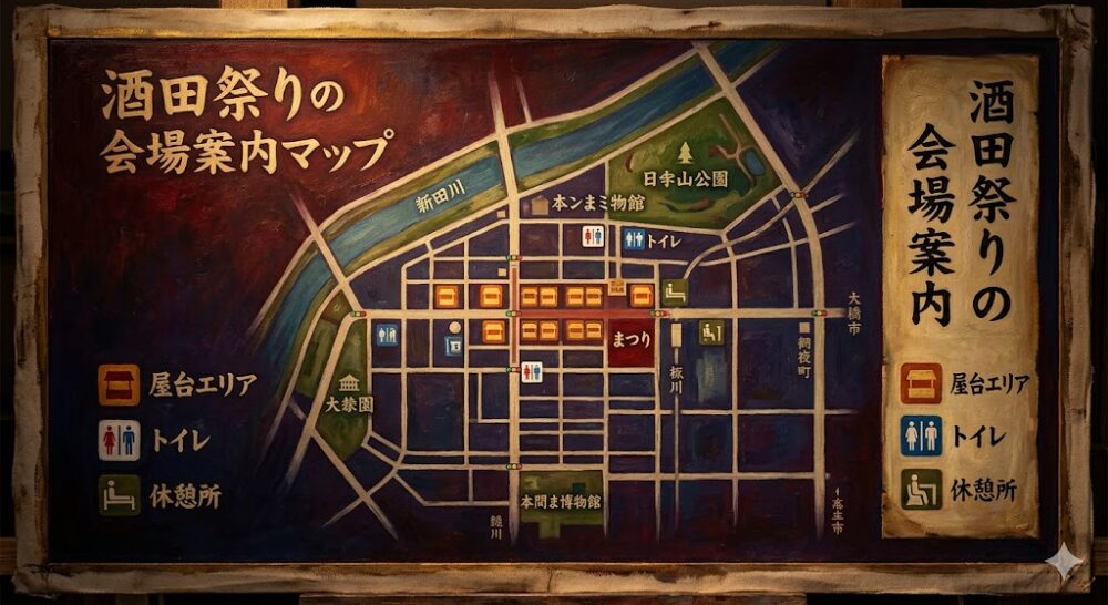 お祭り会場周辺の案内板と公共トイレの場所を示すイラスト