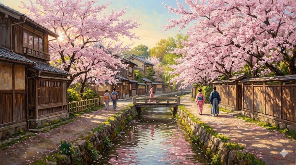 歴史ある人工河川と、そのほとりに咲く満開の桜並木、散策する人々