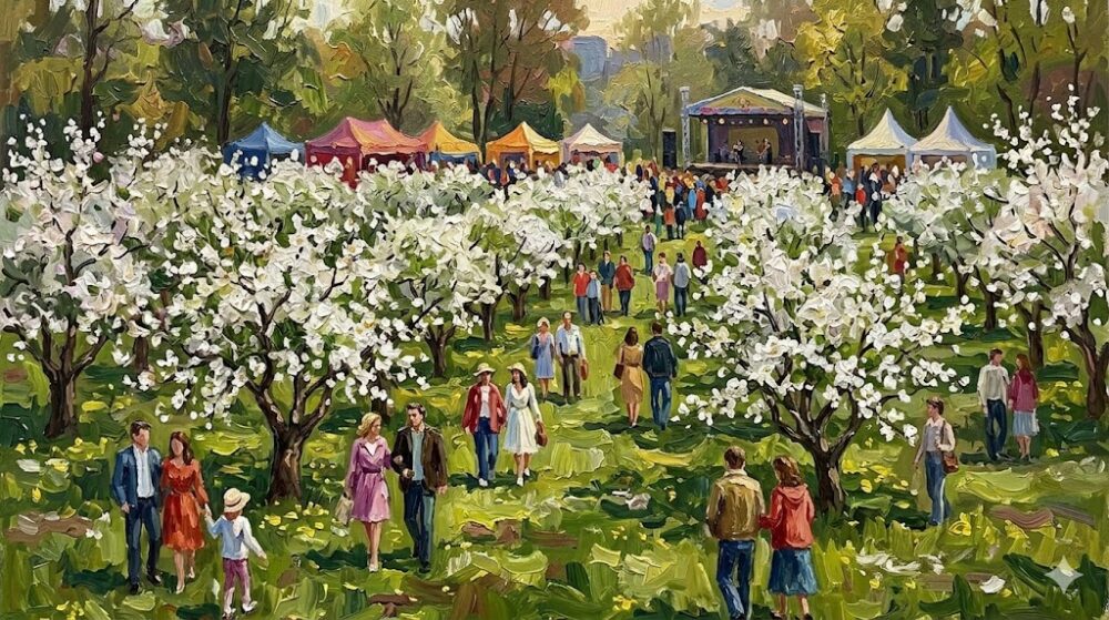 晴天の下、賑わう弘前市りんご公園のイベント会場風景