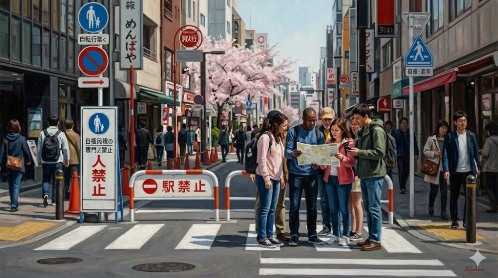 地図や標識を確認しながら、渋滞する道路を避けて歩く観光客の様子