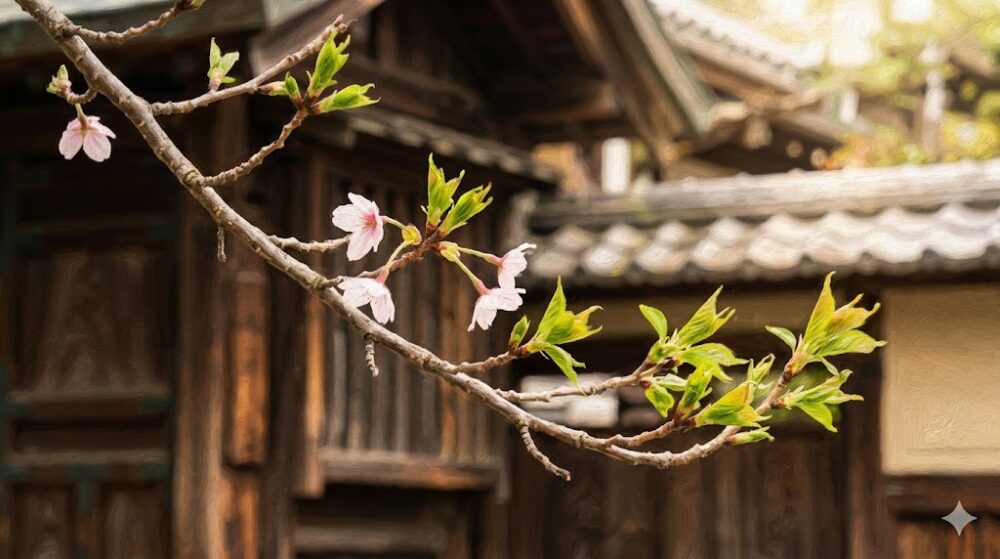 満開の時期を過ぎ、若々しい緑の葉が混じり始めた桜の枝先と、歴史的な門構え