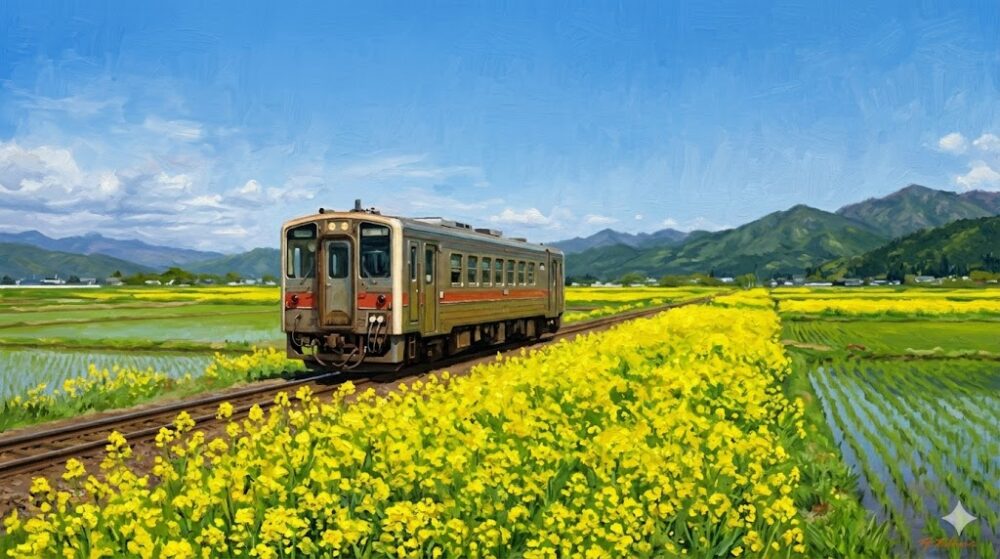 レトロな雰囲気のローカル列車が、のどかな田園風景の中をゆっくりと走る様子