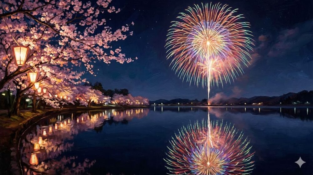 夜の湖畔で、ライトアップされた桜と、夜空に大きく打ち上がった色鮮やかな花火