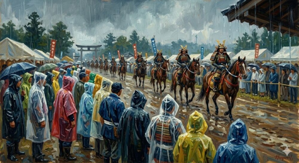 カッパを着て観覧する人々のイラスト