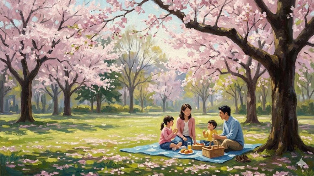 静かな公園内で、五分咲きの桜の下、家族がピクニックを楽しんでいる穏やかな風景