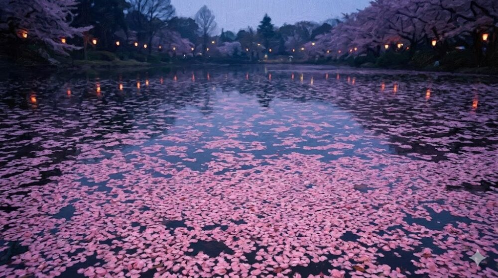 夕暮れ時、湖面に浮かぶ桜の花びらと、遠くに見える平和な公園の全景