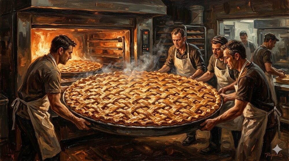 大きなオーブンから出される巨大な円形のアップルパイと立ち昇る湯気