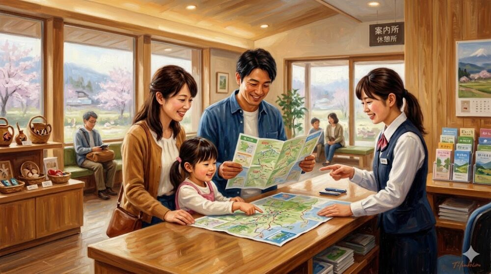 清潔感のある案内所や休憩施設、地図を広げて相談する家族連れ