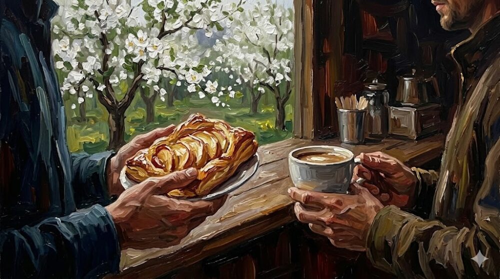 屋外のキッチンカーの前でリンゴのスイーツを楽しむ観光客