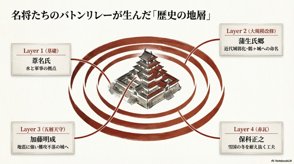 鶴ヶ城の図解を中心に、葦名氏、蒲生氏郷、加藤明成、保科正之へと続く名将たちのバトンリレーによって生まれた「歴史の地層」を4つのレイヤーで示した図解スライド。